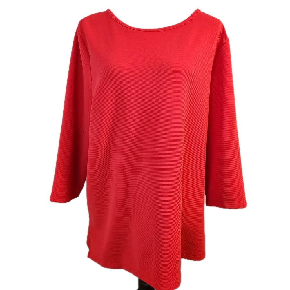 Chicos 3 Textured Top Womens Size XL Red Boat‎ Neck 3/4 Sleeve Office Blouse